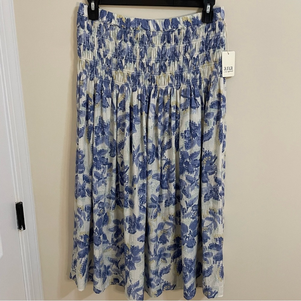 NWT a.n.a Kiara Cream and Blue Floral A-Line Skirt Smocked Waist Various Sizes